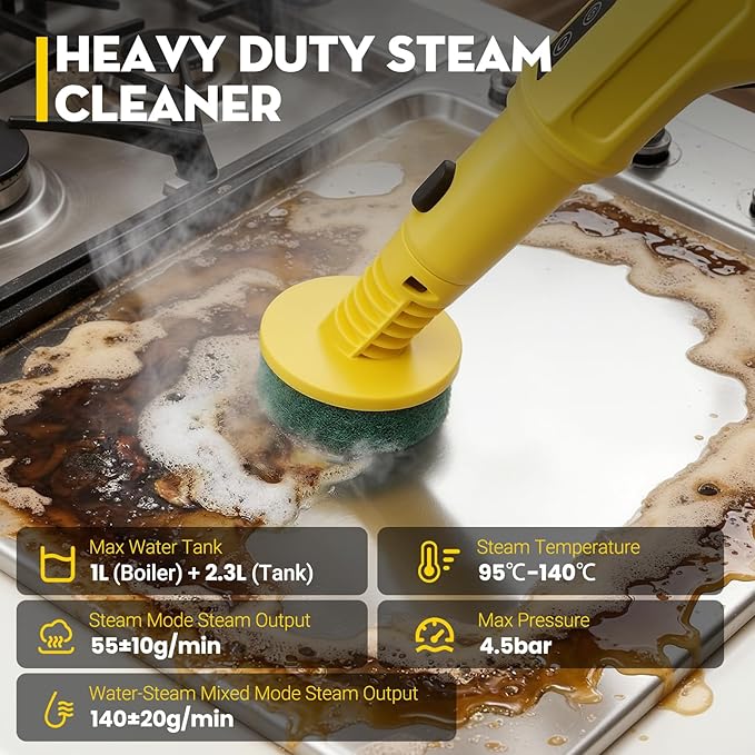 Steam Cleaner, Chemical-Free High-Pressure Commercial Steamer Cleaner with Unlimited Steam Injection, Fast Heat-Up, 2.2L Capacity, 14 Accessories for Floors, Grout, Upholstery (yellow)