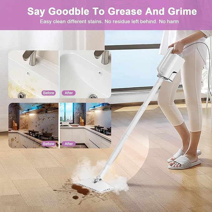 7-in-1 Steam Mop, 1200W Rotated Steam Cleaner for Home, 2 Modes, 400ML Removable Tank, 23FT Power Cord, 2 Pads, Multi-Surface Steamer for Hard Floor, Laminate Floor, Tiles Cleaning (Snow White)