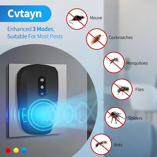 2026 Cvtayn Upgraded Ultrasonic Pest Repellent Indoor Insect Repeller, Pest Control, Repellent Roach, Mouse, Mosquito, Mice, Spider, Bugs, Ant, Rodent Repellent Ultrasonic Plug in,Black 6pack