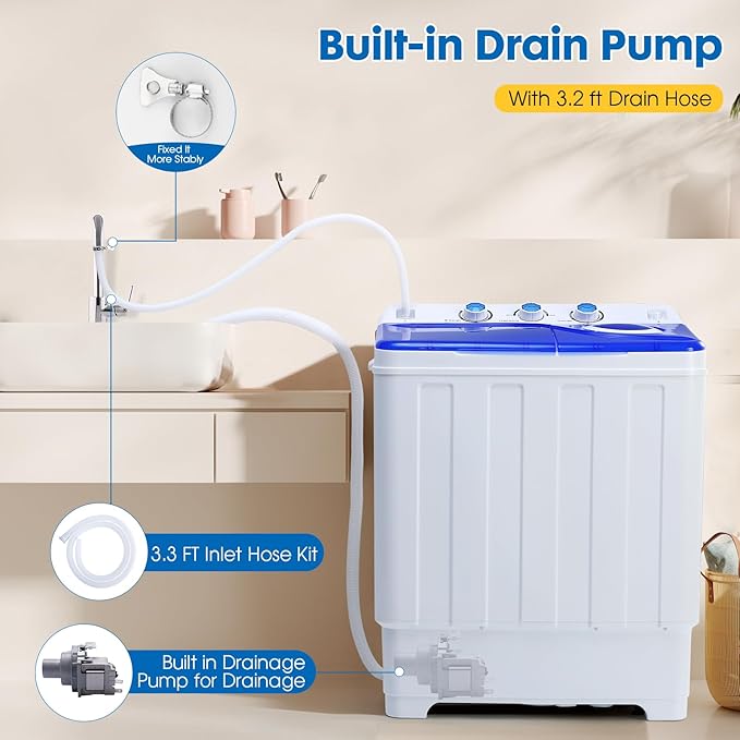 Portable Washing Machine Twin Tub - 28lbs Compact Washer (18lbs) and Spinner Dryer (10lbs) Combo with Drain Pump - Semi Automatic Washing Machine for Apartments, Dorms, RVs, Camping - Blue