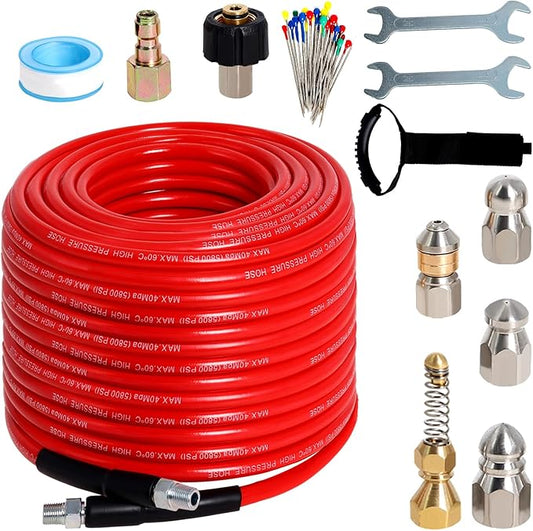Sewer Jetter Kit for Pressure Washer 150FT, 5800PSI Drain Cleaner Hose 1/4 Inch NPT Corner with 5 Sewer Jetting Nozzles，Waterproof Tape，Pearl Corsage Pin & 2 Spanners (Red)