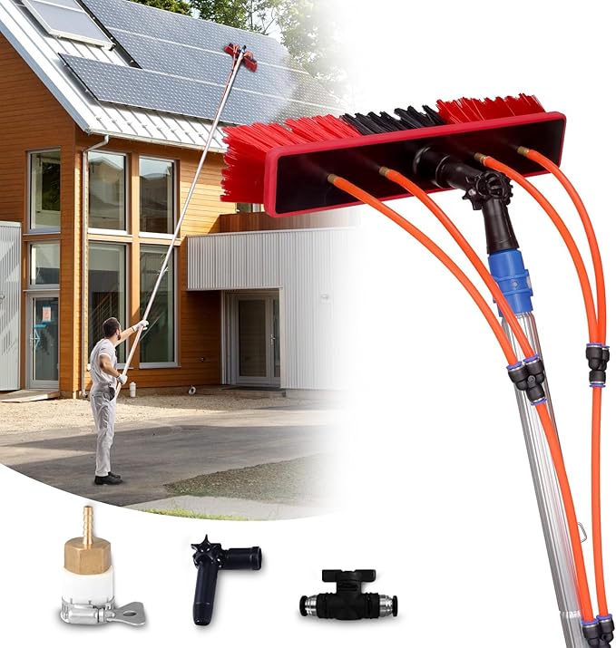 Water Fed Pole Kit Adjustable Solar Panel Cleaning Kit Cleaner Tool for Window Glass Roof Outdoor Glass Brush Window Washing Equipment (30FT)