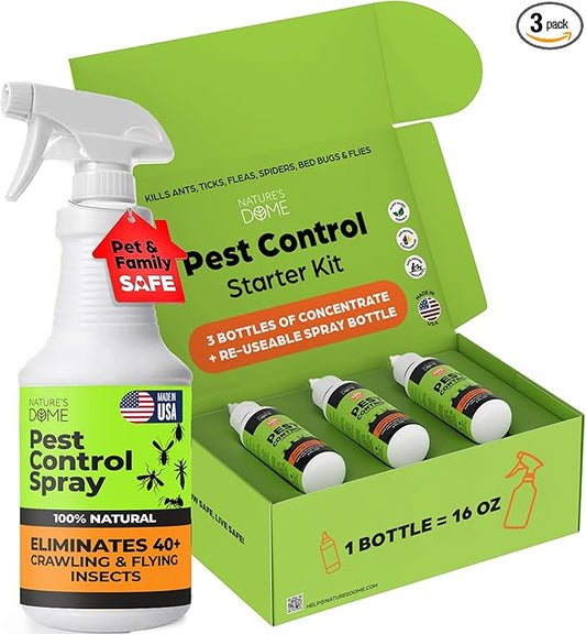 Nature's Dome Pest Killer Starter Kit | Makes 48 Oz Total (3X 16 Oz Bottles) | Plant-Based Ant Killer, Roach Killer, Spider & Fly Spray for Indoor/Outdoor | Child & Pet Safe Essential Oil Formula