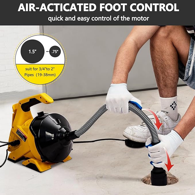 Drain Cleaner Machine 30Ft x 3/10In, Auto-Feed Electric Drain Snake with Foot Switch, Piano Wire Cable for 3/4"–2" Pipes, Sewer Snake for Sinks, Toilets & Floor Drains