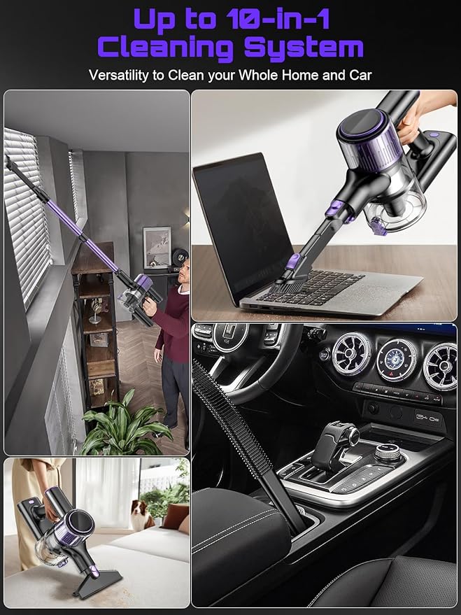 Cordless Vacuum Cleaner, 10 in 1 Stick Vacuum with Powerful Suction, Hose, Green LED Light, Anti-Tangle Brush, Lightweight Rechargeable Vacuum Cleaner for Home, Hardwood Floors,Pet Hair (Purple)