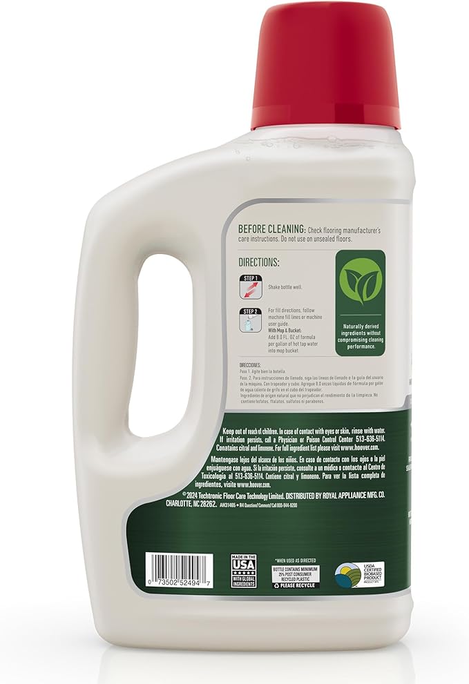 Hoover 64 oz Pure Essentials Hard Floor Cleaner Solution, for Sealed Hard Floors, Botanical Citrus Scent, Full Strength Cleaning Made From Plants, AH31465