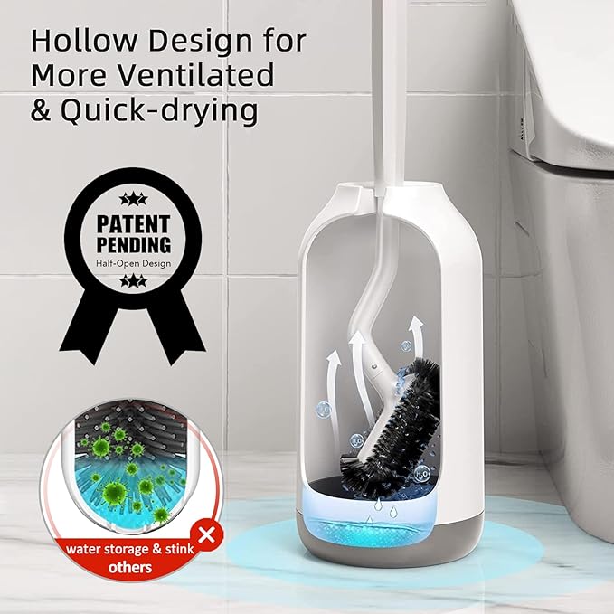 HAMITOR Toilet Bowl Brush Holder Set: Deep Cleaning Brushes with Curved Design - Ergonomic Long Handle for 360?? Dead Corner Clean with Replacement Brush - Bathroom Accessories for RV Apartment