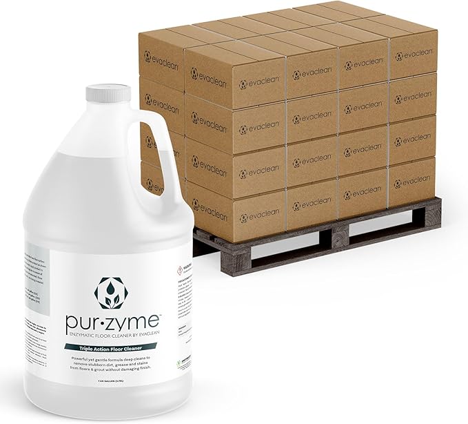 EvaClean PurZyme Enzyme Cleaner – 192 One Gallon Bottles, 48 Cases per Pallet, Triple-Action Grease Remover, Odor Control for Drains, Floors & Grout, pH Neutral Formula, Safe for Kitchens & Restrooms