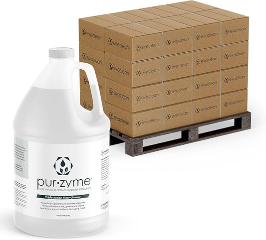 EvaClean PurZyme Enzyme Cleaner – 192 One Gallon Bottles, 48 Cases per Pallet, Triple-Action Grease Remover, Odor Control for Drains, Floors & Grout, pH Neutral Formula, Safe for Kitchens & Restrooms