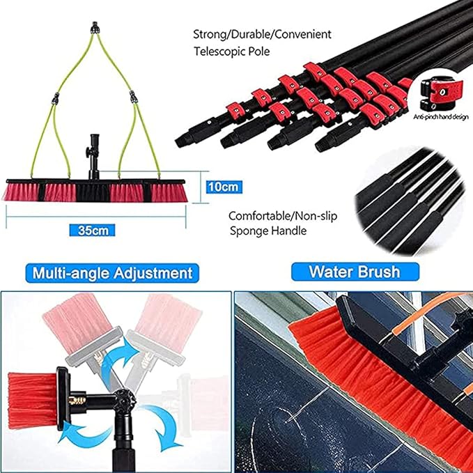 Multi-Purpose Water Spray Brush Telescopic Pole Kit Extendable Cleaner Conservatory Roof Cleaning Tools Window Cleaning Brush Equipment for Trucks,3.6m/12FT