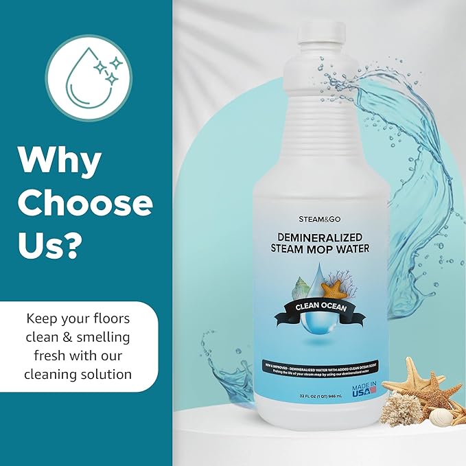 Steam & Go Demineralized Water - Multi-Surface Cleaner, PVC-Free Ready-to-Use for Mops & Floor Steamers - Ideal for Kitchen, Bathroom, & Home Surfaces - Clean Ocean Scent - 32oz (Pack of 12)