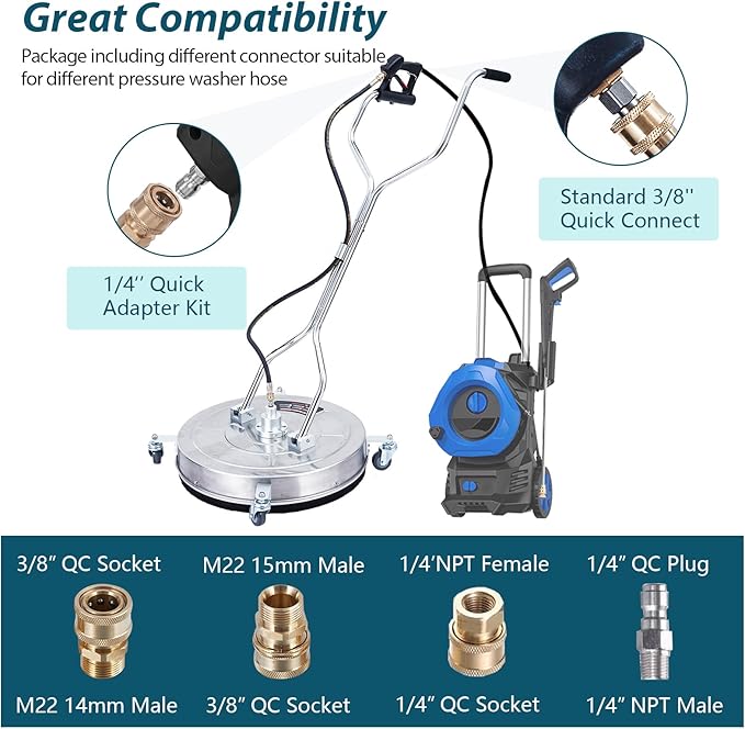 Towallmark 24" Pressure Washer Surface Cleaner with Dual Handle, 4 Wheels, 3/8" Quick Connect, 2 Replacement Nozzles, Stainless Steel Power Washer Surface Cleaner for Driveway Sidewalk Patio 4000 PSI