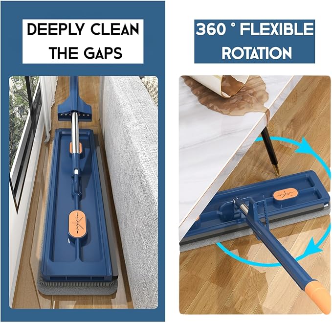 2025 New Large Flat Mop and Bucket Set, 360 Rotation Flat Mop with Self-Wringing Bucket, Includes 7 Reusable Microfiber Pads for Tile, Hardwood, Laminate Floors Wet and Dry (Blue)