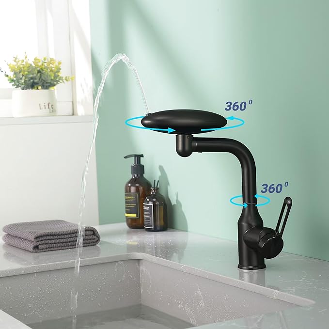 Bathroom Sink Faucet 1 Hole, Matte Black Multifunctional Basin Faucet with 4 Water Outlet Modes, Modern 360°Rotatable Bar Tap with Two Water Supply Pipes
