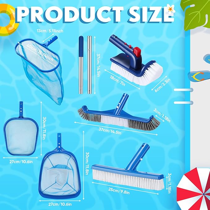 Swimming Pool Cleaning Kit Including 3 Pool Skimmer Net 3 Brush and Aluminum Adjustable Pole for Cleaning Walls Ideal Clean Kit for Above Ground