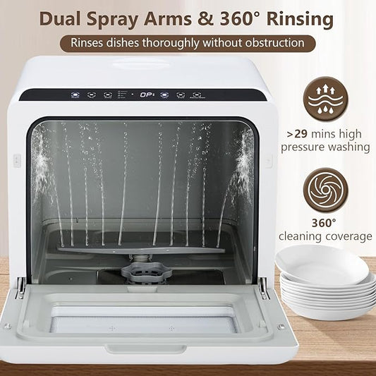 Countertop Dishwasher, Portable Dishwashers with 4.5L Built-in Water Tank, 5 Washing Programs & Air-Drying Function, 360° Dual Spray Arm, Mini Dish Washer for Apartments RVs, White