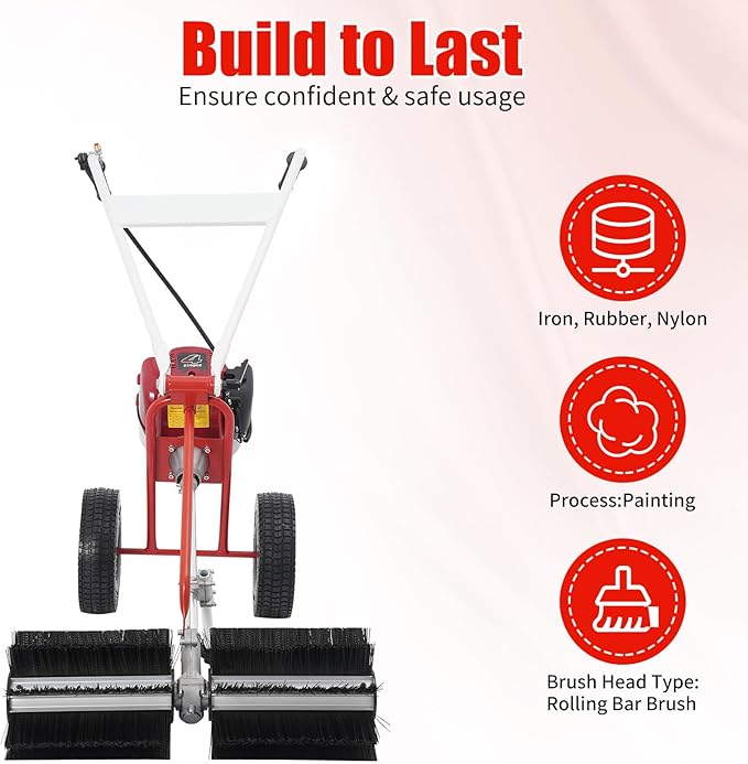 4 Stroke Gas Powered Hand Push Sweeper, Strong Power Lawn Sweeper Machine with 23in Long High-Density Brush, Artificial Grass Brush Gasoline Powered Broom for Lawn, Driveway, Snow