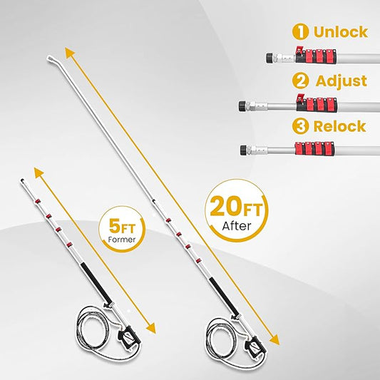 M MINGLE 20 FT Telescoping Pressure Washer Wand with Gutter Cleaner, Brush Head, 5 Nozzle Tips, and Hose Adapters for House Exterior, Window & Roof Cleaning