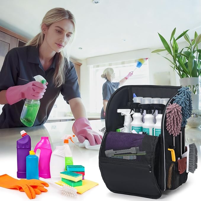 Rolling Cleaning Caddy Backpack with Wheels, Large Capacity Cleaning Supply Organizer Bag with Detachable Trolley & Backpack Strap, Water-Resistant Cleaning Bag for Houskeeper Cleaner