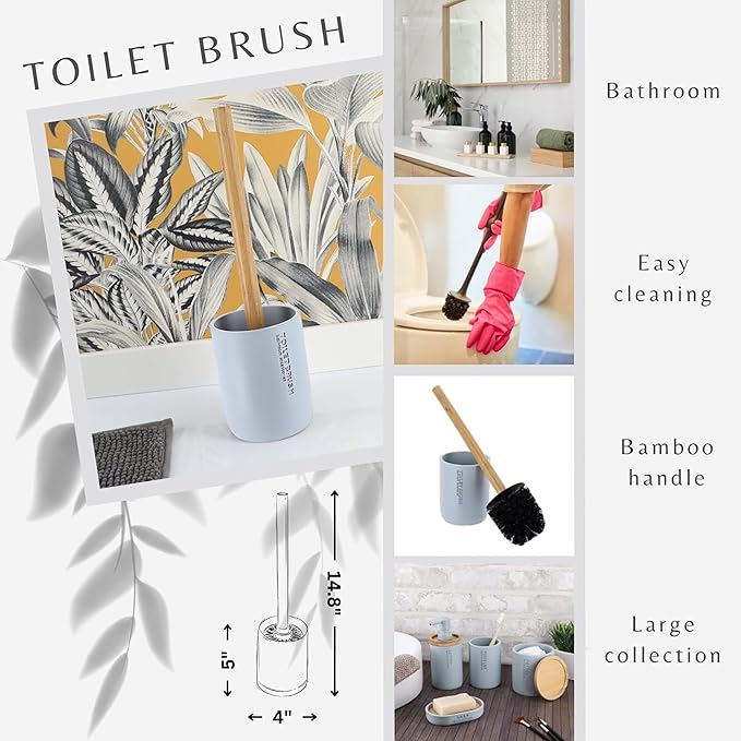 Compact Light Blue Toilet Brush and Holder Set with Natural Bamboo Handle - Durable Toilet Bowl Brush for Deep Bathroom Cleaning