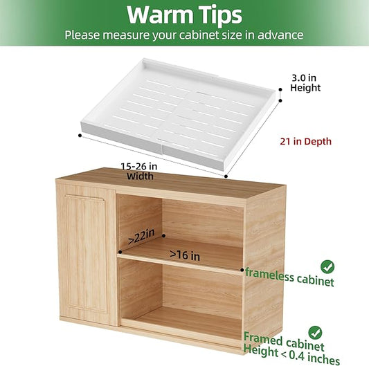 PAKETA 4 Pack Expandable Pull Out Cabinet Organizer, 21'' Deep Pull Out Drawers for Cabinet, Upgrade 3 Slide Rails Sliding Drawers for Cabinets with Adhesive Nano Film (White, 21"D X 15-26"W)