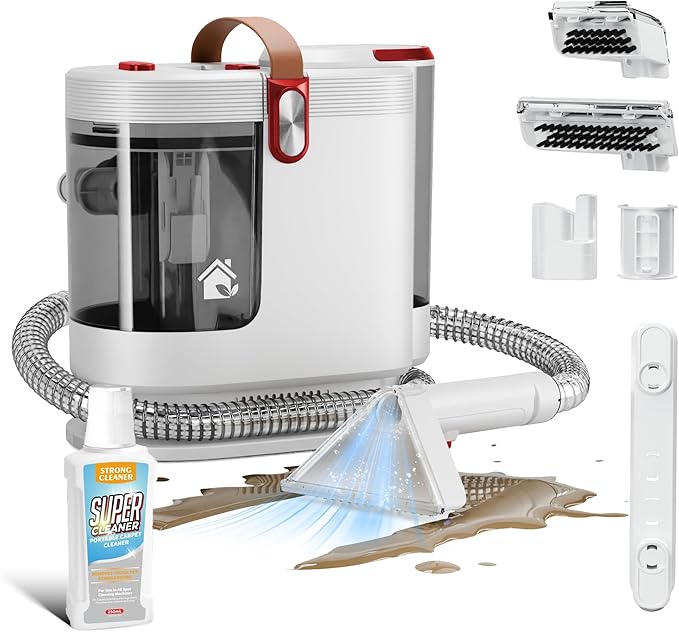 WURESE Portable Carpet & Upholstery Cleaner – 15KPa Powerful Spot Cleaner for Pet Urine, Couch, Stairs & Car Seats – Handheld Deep Cleaning Machine with Self‑Cleaning System & 2 Tools, Red