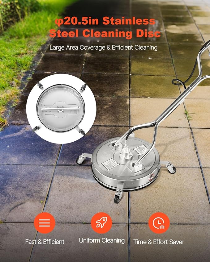 VEVOR 20" Pressure Washer Surface Cleaner, Stainless Steel Pressure Washer Attachments with 4 Wheels, 4000 Max PSI, 3/8 Quick Connector, 2 Spray Nozzles, Dual Handle, for Concrete, Patio, Sidewalk