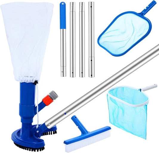 Tioncy 5 Pcs Jet Pool Vacuum Cleaning Kit with Skimmer Nets, Pool Brush and 47" Long Pole Adjustable for Above Ground Ponds Hot Tub Spa Wall Floor Cleaning, Easy to Set up