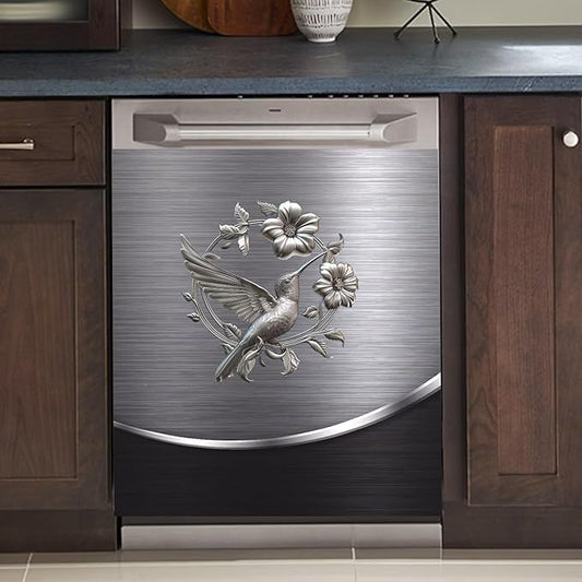 Grey Metal Silver Bird with Flower Pattern Magnetic Dishwasher Cover Sheet Polishing Steelbird Dishwasher Skin Decor Silver Texture 23X17 INCH Magnet Rerigerator Kitchen Panel Decal Sticker