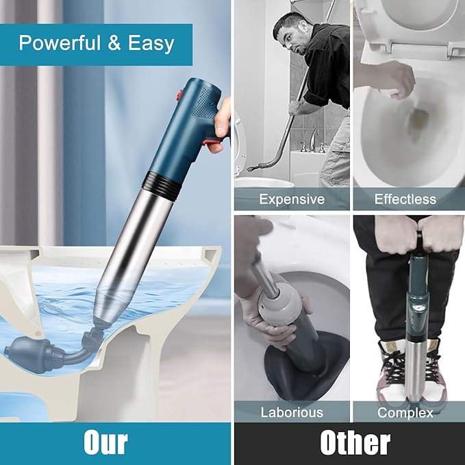 Electric Toilet Plunger Clog Remover: High Pressure Air Drain Blaster Clog Remover for Bathroom Bathtub Floor Drain Clogged