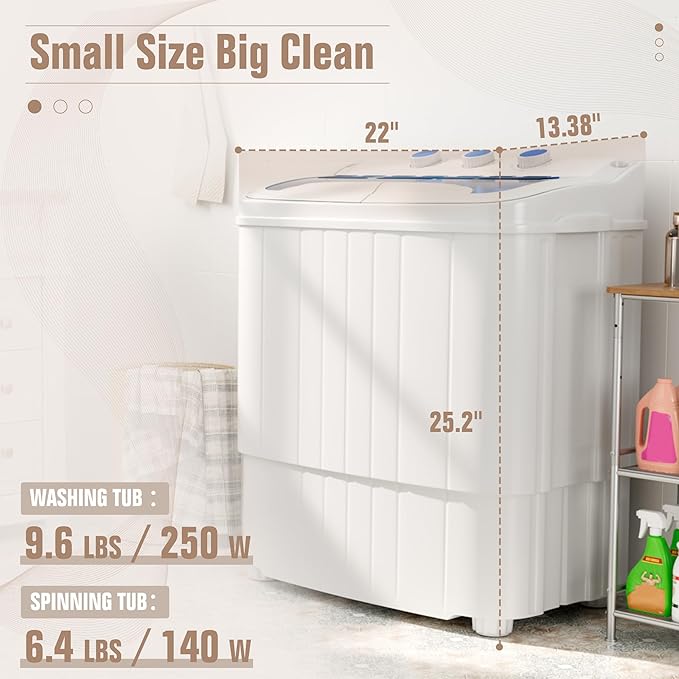 SUNCROWN Portable Washing Machine 17.6lbs, Compact Twin Tub Semi Automatic Washer, Energy-Saving Mini Laundry Combo with Extended Drain Hose & Pump for Apartments, Dorms, RV, (White & Blue)