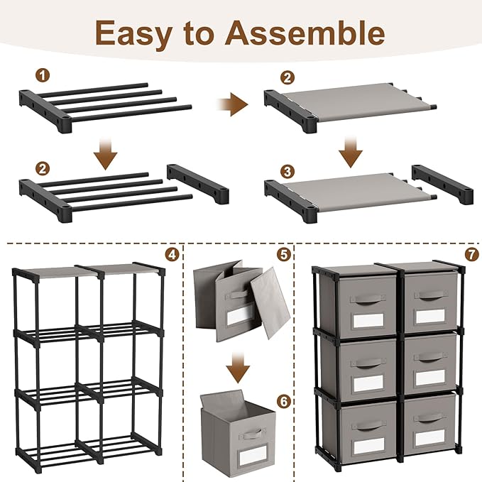 Geelin 6 Sets Cube Storage Organizer Bins with Shelf & Labels 11 Inch, Fabric Collapsible Cubby Toys Clothes Storage Drawer Unit for Daycare Nursery Playroom Bedroom Dorm Organizer (Gray)