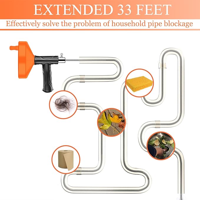 33 Feet Drain Snake Auger, Plumbing Snake Drain Hair Clog Removal Tool, Sink Unclogger, Heavy Duty Toilet Snake Auger, Cleaner Tool for Bathroom Kitchen Tub Shower Drain Clog Remover with Gloves