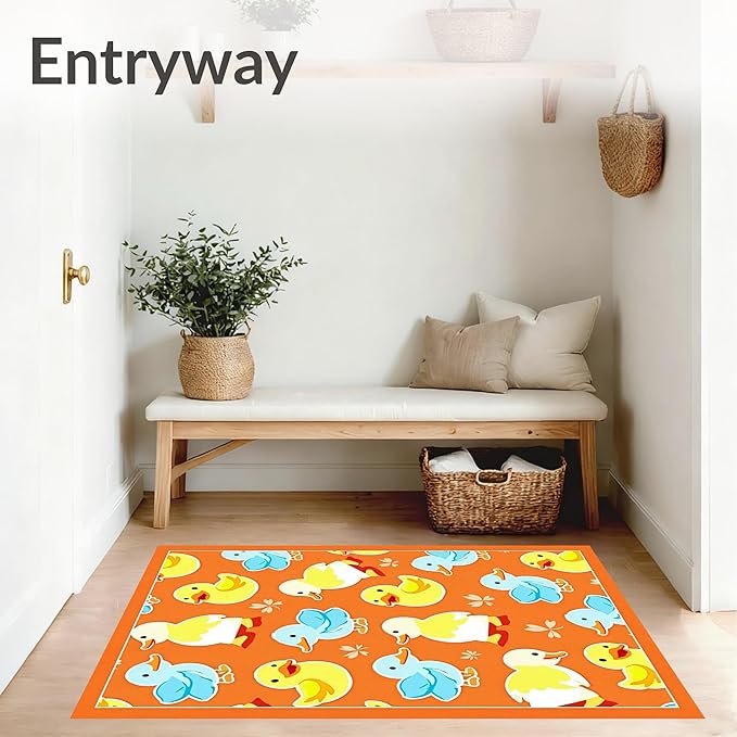 Flatwoven High Traffic Area Rug 6x9, Whimsical Parade Watercolor Cartoon Inspired Motif, Non Slip, Stain Resistant, Washable Area Rugs for Living Room, Bedroom (Orange, 6x9)