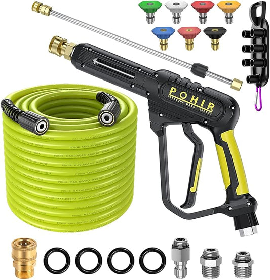 POHIR Pressure Washer Gun and Hose 3600 PSI, Pressure Washer Hose 50ft and Gun, 3/8" Quick Connect Swivel, M22 15mm/14mm Fittings, 30" Extension Wand & 7 Nozzle Tips - for Home & Outdoor Cleaning