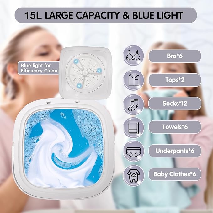 Portable Mini Washer Machine, 15L Collapsible Travel Mini Washer and Dryer Combo, Portable Washing Machine and Dryer for Apartment. (Grey)