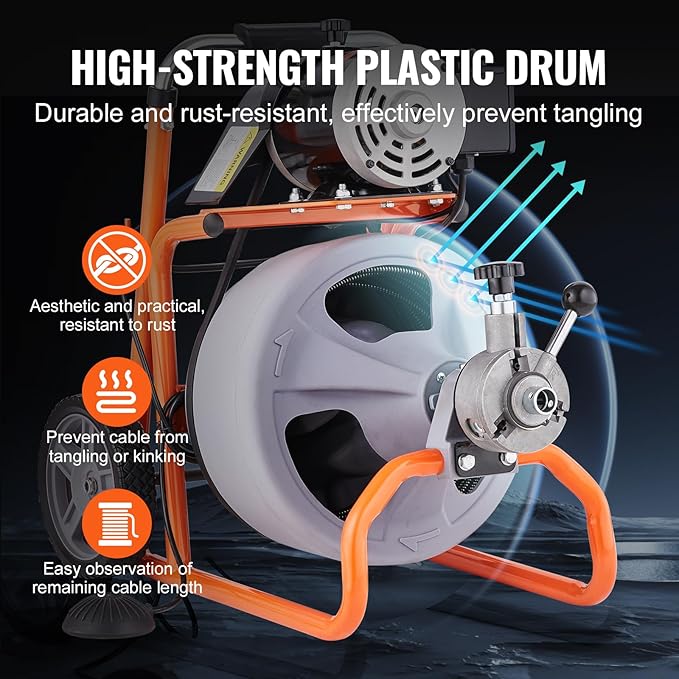 VEVOR Drain Cleaner Machine 100FT x 3/8 Inch, Auto Feed Sewer Snake Drain Auger on Wheels, Portable Drain Cleaning Machine with 8 Cutters & Air-activated Foot Switch for 2" to 4" Pipes