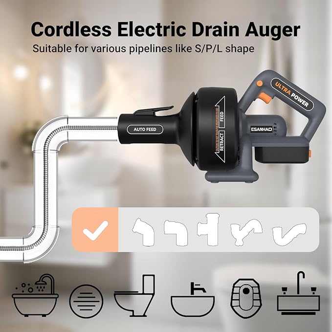 Electric Drain Auger 25ft Cordless Drain Cleaner machine auto feed plumbing snake for kitchen sink, showers, toilet et 3/4-2" Pipe drain clog (Standard) (Upgraded)