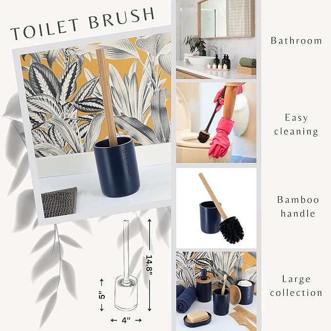 Compact Navy Blue Toilet Brush and Holder Set with Natural Bamboo Handle - Durable Toilet Bowl Brush for Deep Bathroom Cleaning