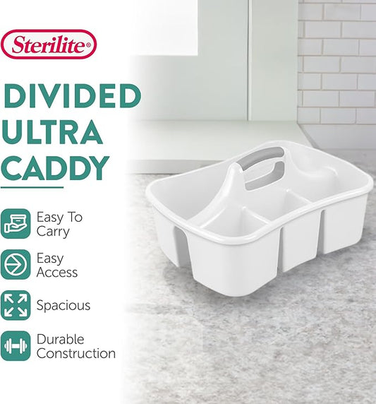 Sterilite 6 Pack Divided Ultra Caddy, Plastic Portable Storage to Hold Bathroom and Cleaning Supplies, White - 5 Large Compartment Organizer