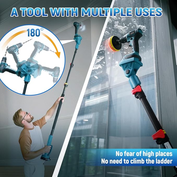 Cordless Power Drill Cleaning Tools Electric Spin Scrubber Extra Large Brush 1500 RPM High Power Electric Scrubber for Cleaning Adjustable Extension Handle, for Tub/Tile/Floor/Car (7Brushes)