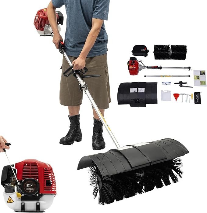 Gas Power Handheld Sweeper Broom, 52CC 2-Stroke 2.3HP Engine, Outdoor Lawn Sweeper Cleaner Tool for Driveway, Artificial Grass, Turf, Snow, Sidewalks, Farms, Golf Course, Heavy Duty Cleaning Machine