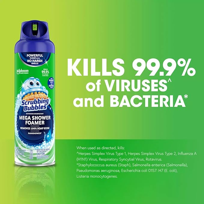Scrubbing Multi Surface Mega Shower Foamer Aerosol Spray 20oz (Pack of 2) for Soap Scum & Grime Rainshower Scent Kills 99.9% of Viruses and Bacteria bundled with Microfiber Cleaning Cloth