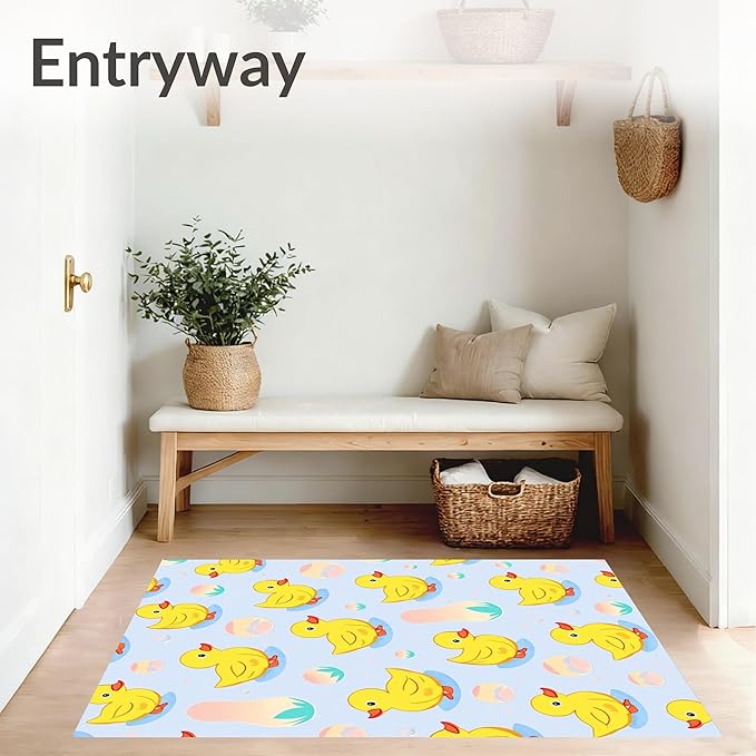 Flatwoven High Traffic Area Rug 8x8, Delightful Yellow Ducklings with Bubble Motifs Cartoon Design, Non Slip, Stain Resistant, Washable Area Rugs for Living Room, Bedroom (Yellow, 8x8)