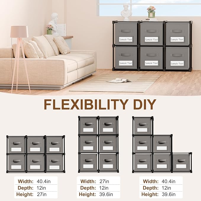 Geelin 6 Sets Cube Storage Organizer Bins with Shelf & Labels 11 Inch, Fabric Collapsible Cubby Toys Clothes Storage Drawer Unit for Daycare Nursery Playroom Bedroom Dorm Organizer (Gray)