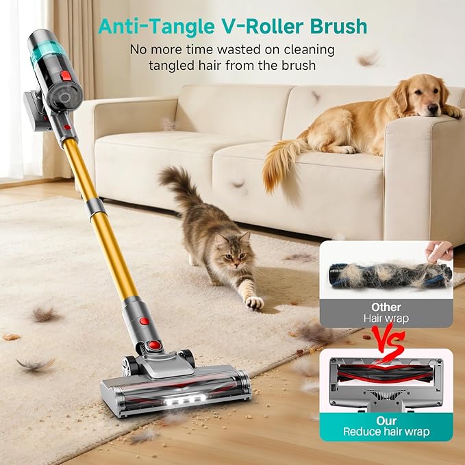 Cordless Vacuum Cleaner: Portable 6-in-1 Stick Vacuum with Anti-Tangle Brush, LED Headlight, Self-Standing, HD Display, Rechargeable Vacuum for Pet Hair, Low-Pile Carpet and Hardwood Floor-Green