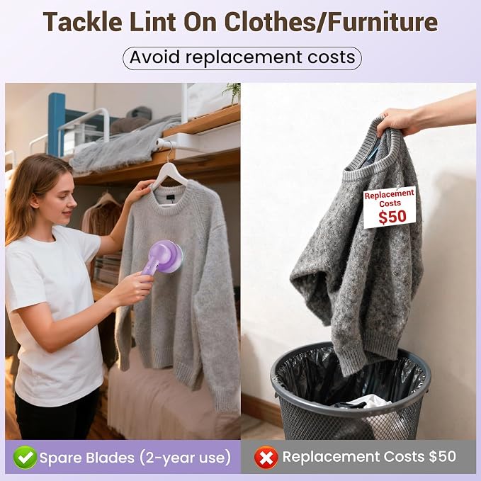 DBC Fabric Shaver & Lint Remover for Clothes, Sweaters & Furniture | 6-Leaf Blade, 3 Speeds, 2H Runtime, Portable Design Perfect for Travel, Includes 2 Extra Blades, Purple - Image 6