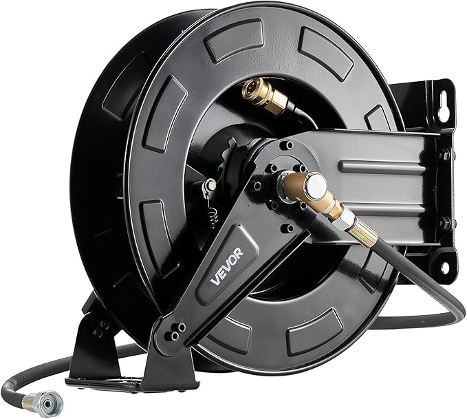 VEVOR Pressure Washer Hose Reel, 50 ft x 3/8 inch Retractable Power Heavy-Duty Steel Washer Hose Reel, 4000PSI Max, Auto-Rewinding, Flexible Wall/Floor Mounted for Car Washing,Garden,Floor Cleaning