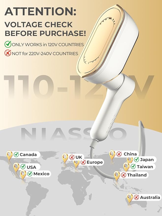 NIASSO Portable Travel Steamer, 1200W Handheld Fabric Steamer for Clothes, 4 Modes with LCD Display, Powerful Wrinkle Remover for Home & Travel, 150ml Water Tank, 10S Fast Heat-Up, 180° Swivel Handle