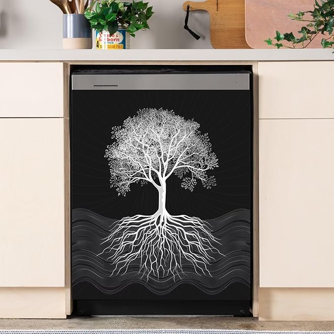 Tree of Life Dishwasher Magnet Cover, Retro Black Dishwasher Panel Decal Kitchen Refrigerator Magnets Decor Dishwasher Stickers for Farmhouse 23" x 26"